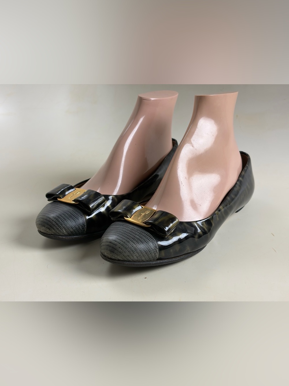 Salvatore Ferragamo Patent Bow Cap-Toe Flats with Gold Accent